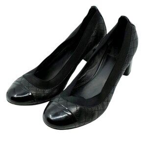 TORY BURCH~Carrie~QUILTED BLACK LEATHER CAP TOE PUMPS SHOES GOLD LOGO 8.5